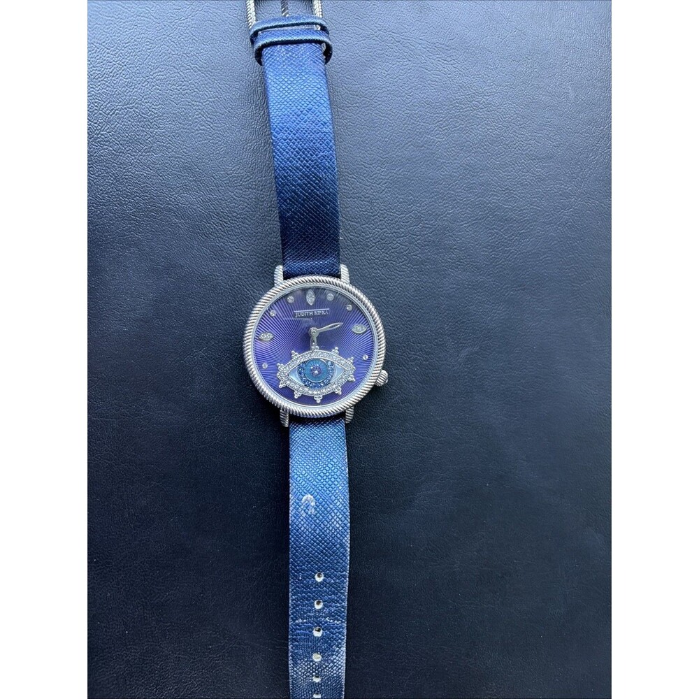 Rare Limited Judith Ripka Blue Watch Eye Diamonds Japan Movement Cow Hide